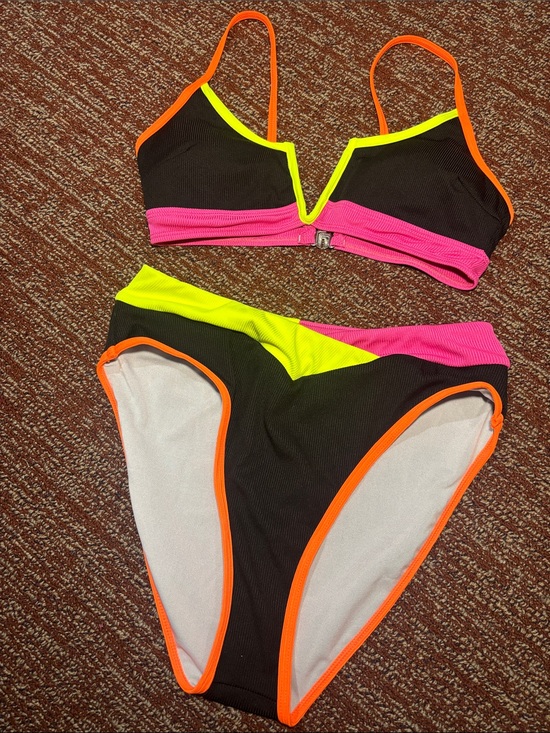 Salty wave Other - Neon trim v neck bikini black ribbed high waisted y2k style swimsuit women’s S
